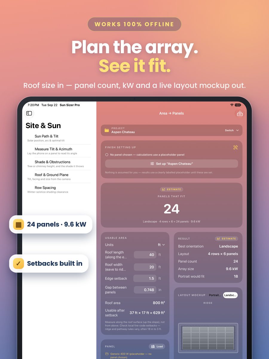 Sun Sizer Pro on iPad showing a panel layout mockup