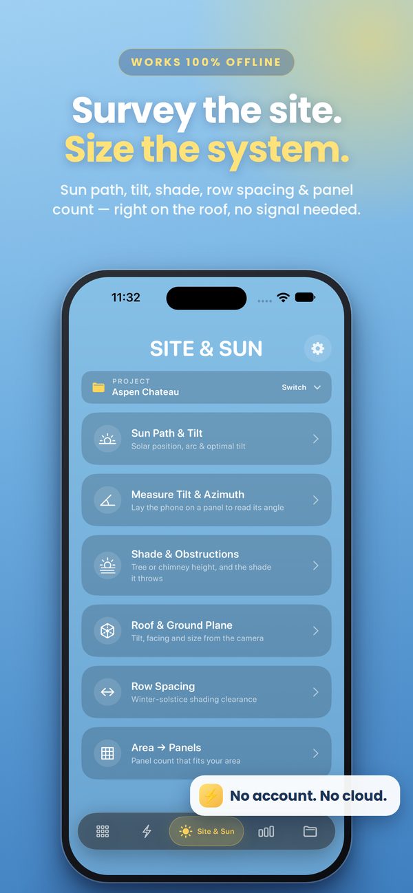Site & Sun tools: sun path, measure tilt, shade, roof plane, row spacing, area to panels
